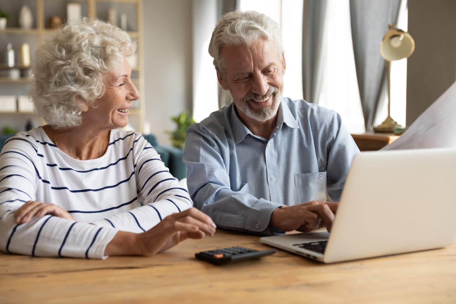 Satisfied elderly couple using laptop and online banking