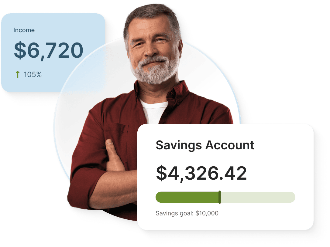 Man crossing his arms surrounded by his savings account balance