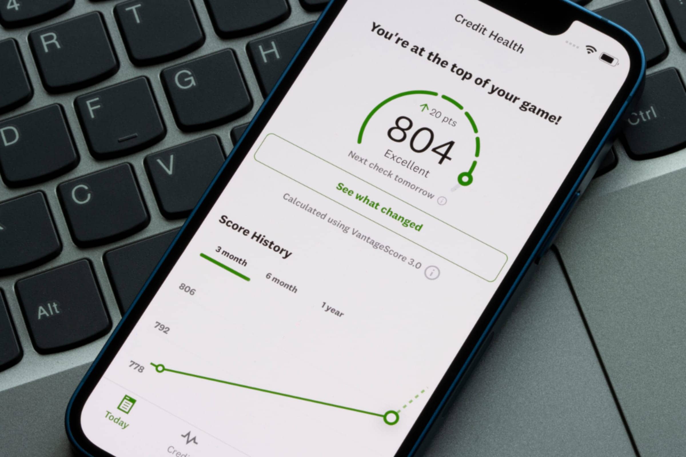 A smartphone displaying a credit score